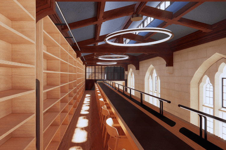 Render of the half-width mezzanine level in the Library’s annexe