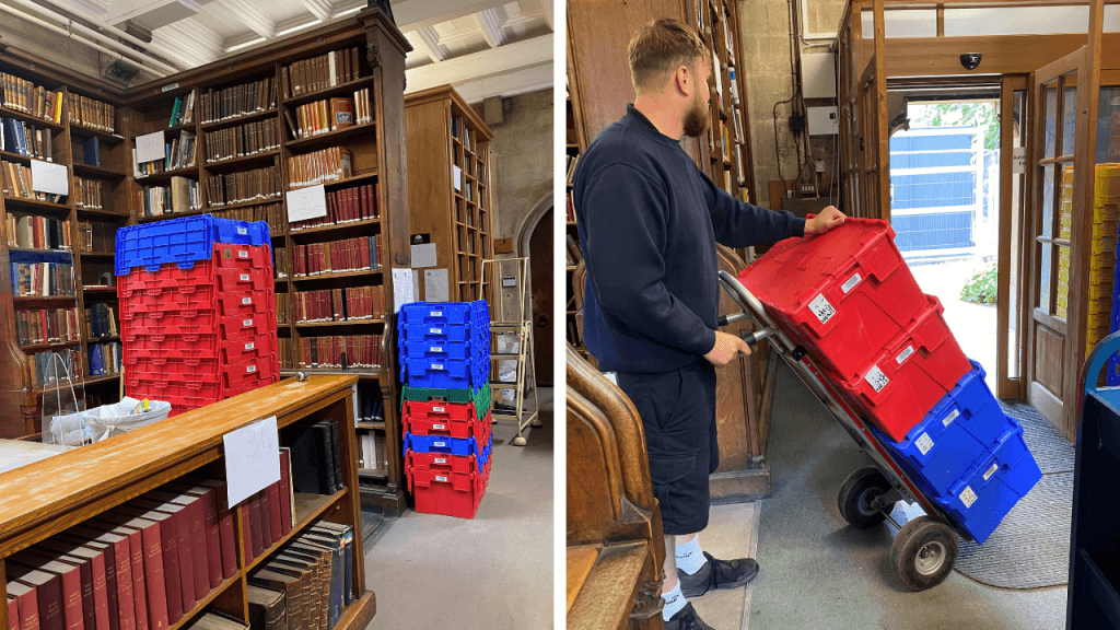 Crates of books are moved to storage facilities in Swindon