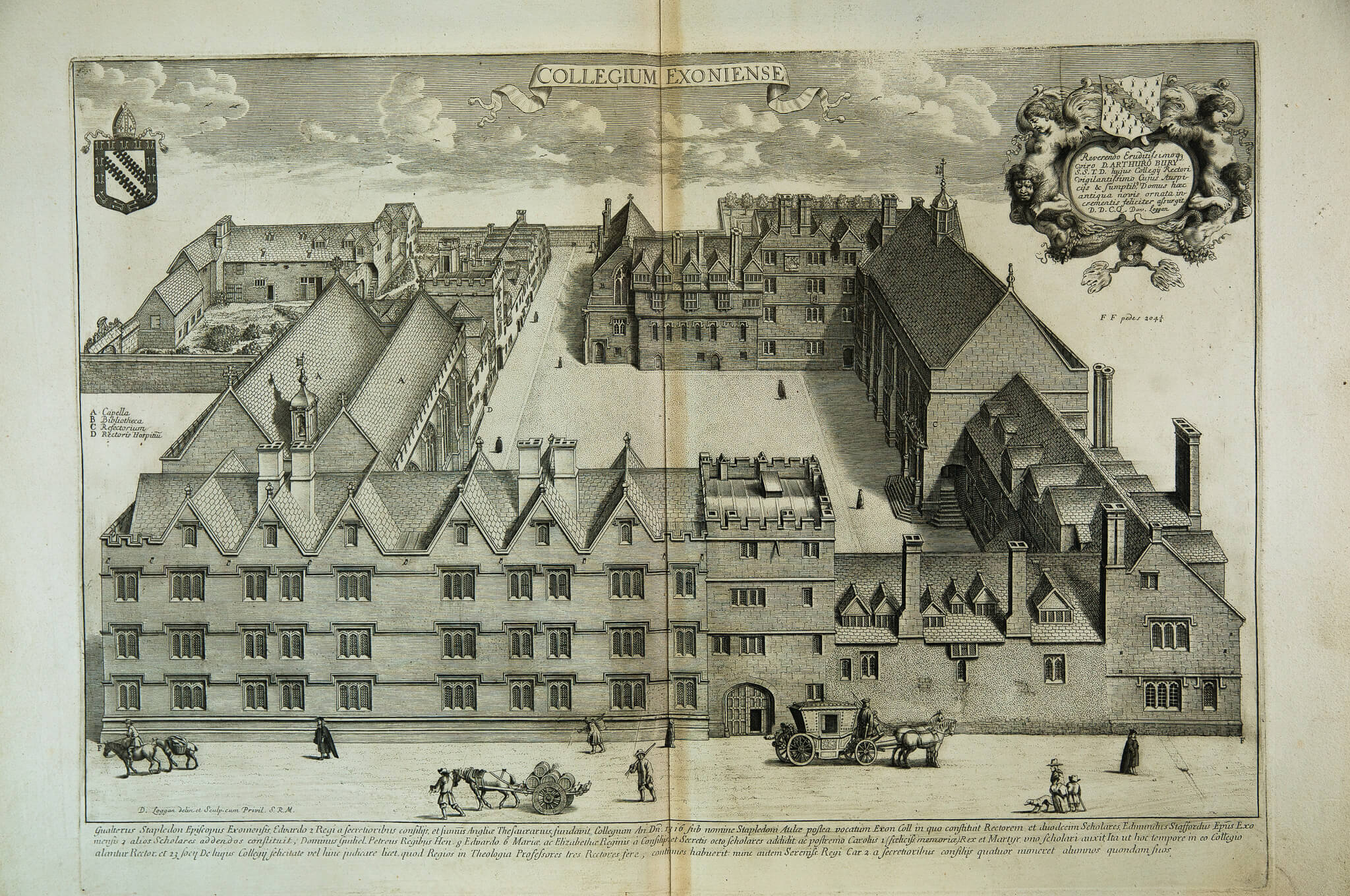 Black and white engraving of a bird’s-eye-view of Exeter College in 1675